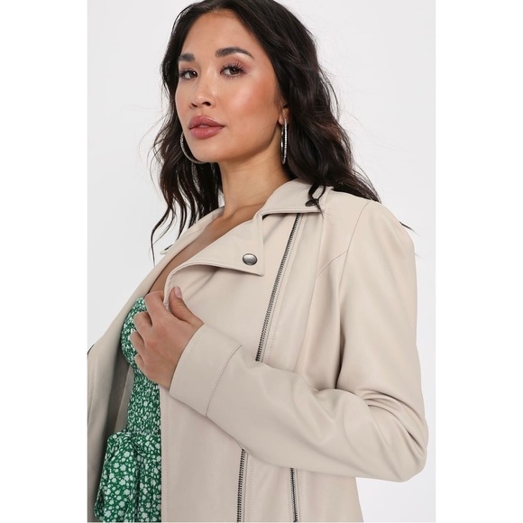 Lulus Pretty Powerful Beige Vegan Leather Puff Sleeve Moto Jacket - Picture 3 of 12